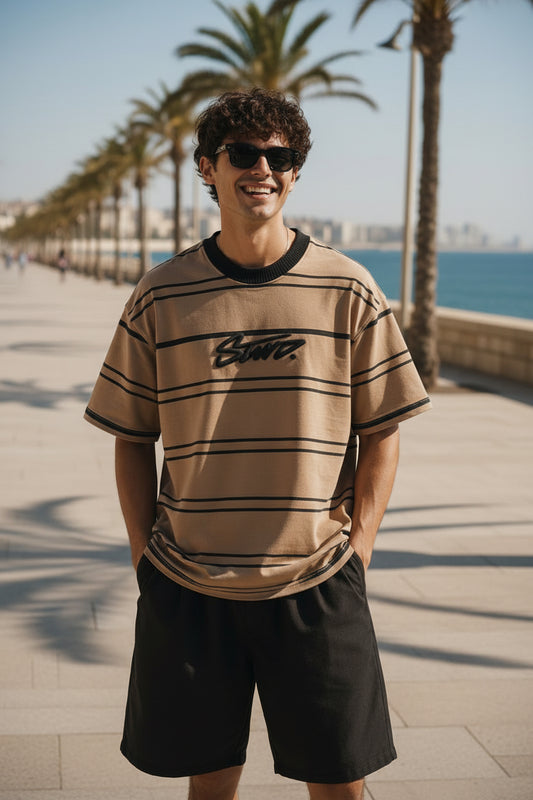 Loose oversized brown striped foam Printed T-shirt