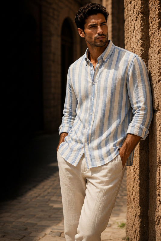 Loose oversized Linen Striped Jersey Light Blue*offwhite
