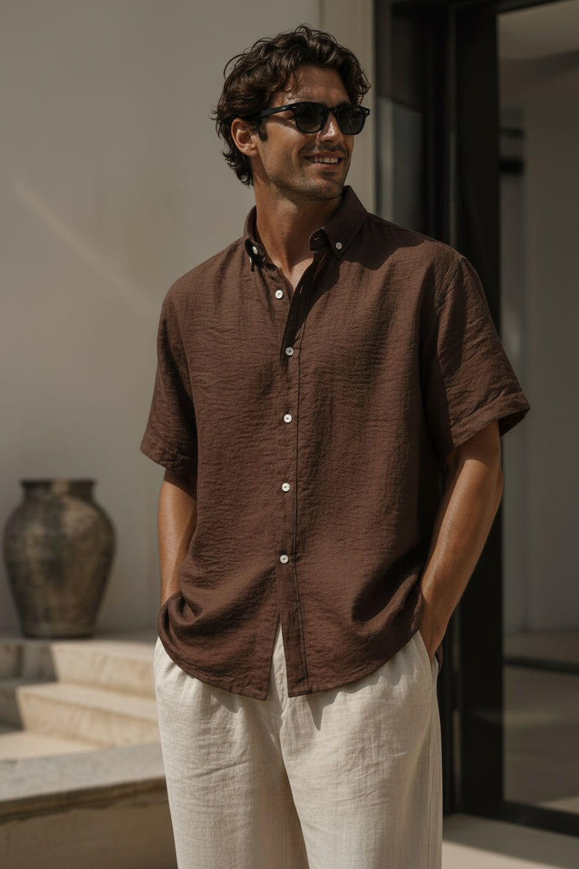 Loose Oversized Brown Linen Crinkle Shirt