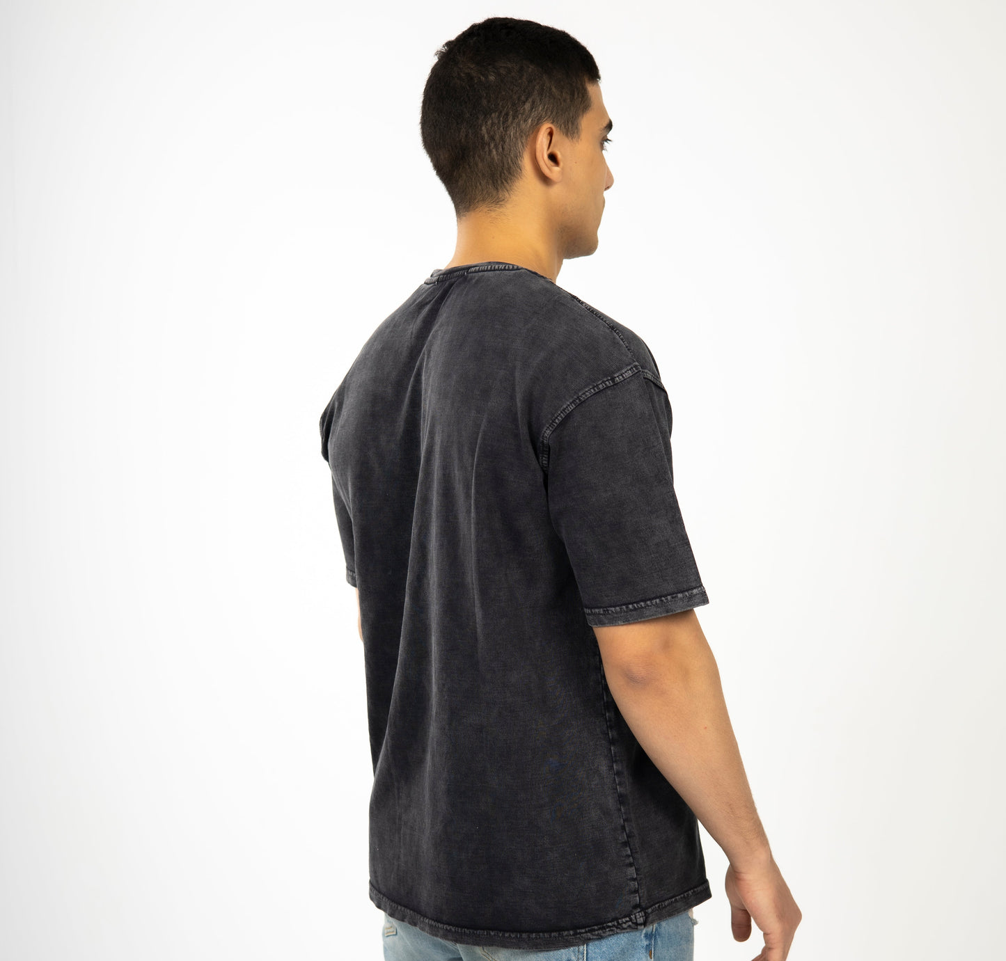 Loose Black Printed Acid-Washed Tshirt