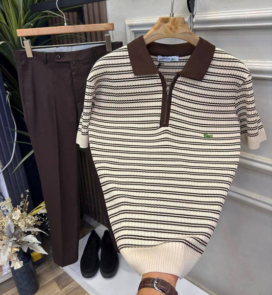 Loose Old money Fit Trico Brown Striped Polo shirt