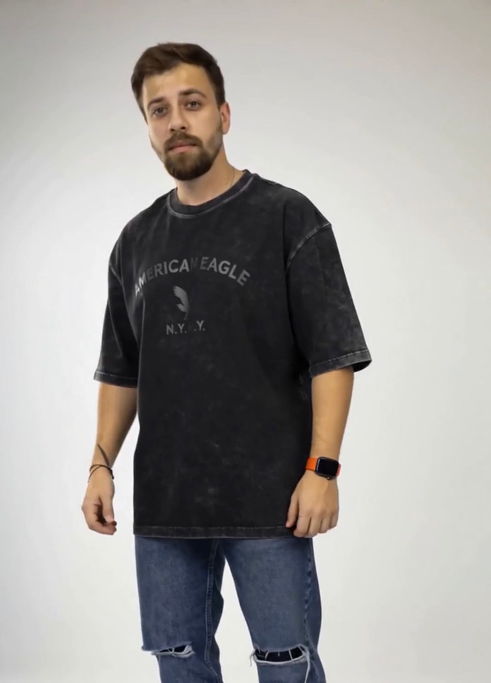 Loose Black Printed Acid-Washed Tshirt