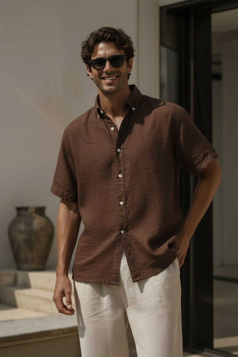 Loose Oversized Brown Linen Crinkle Shirt