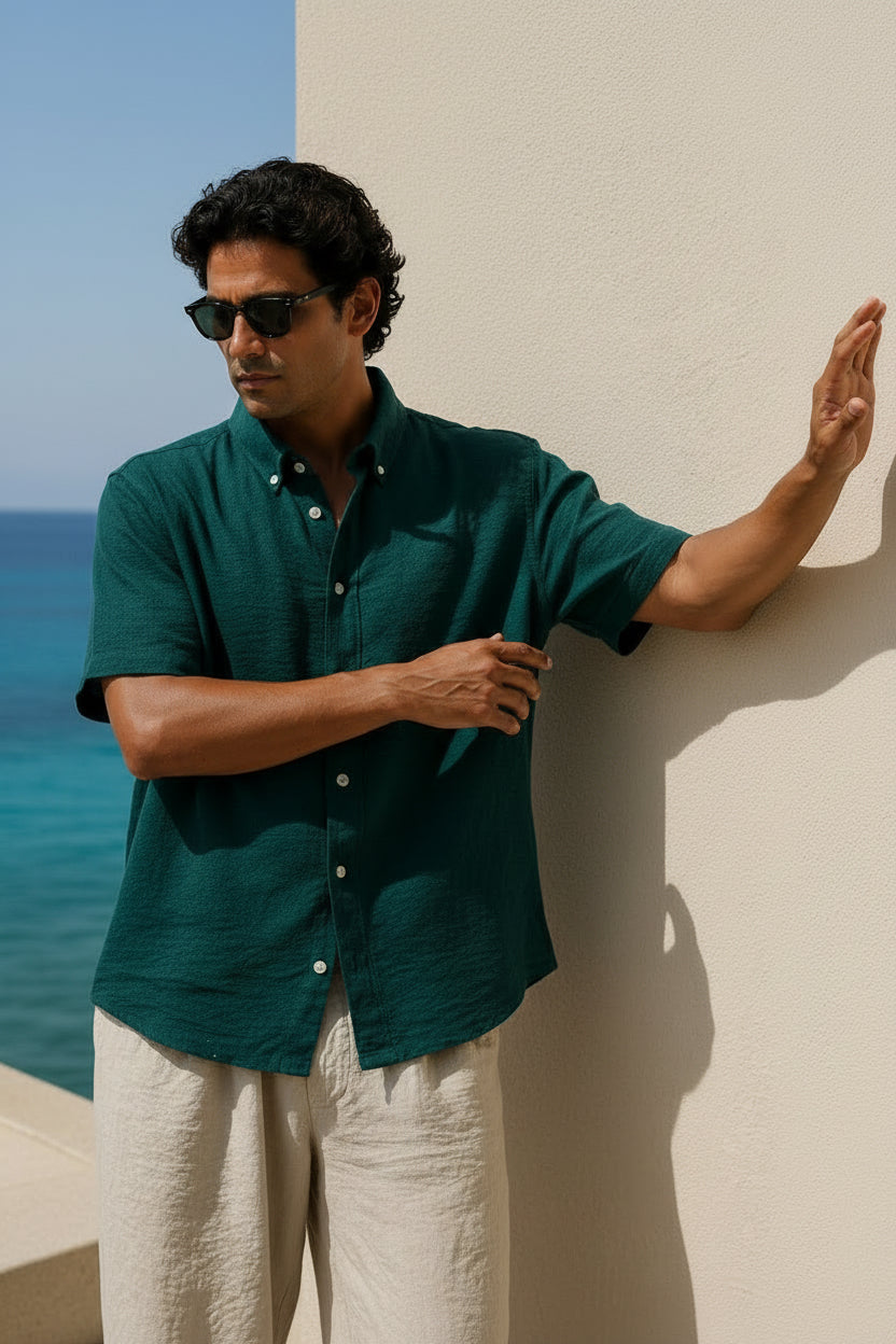 Loose Oversized Petroleum Linen Crinkle Shirt