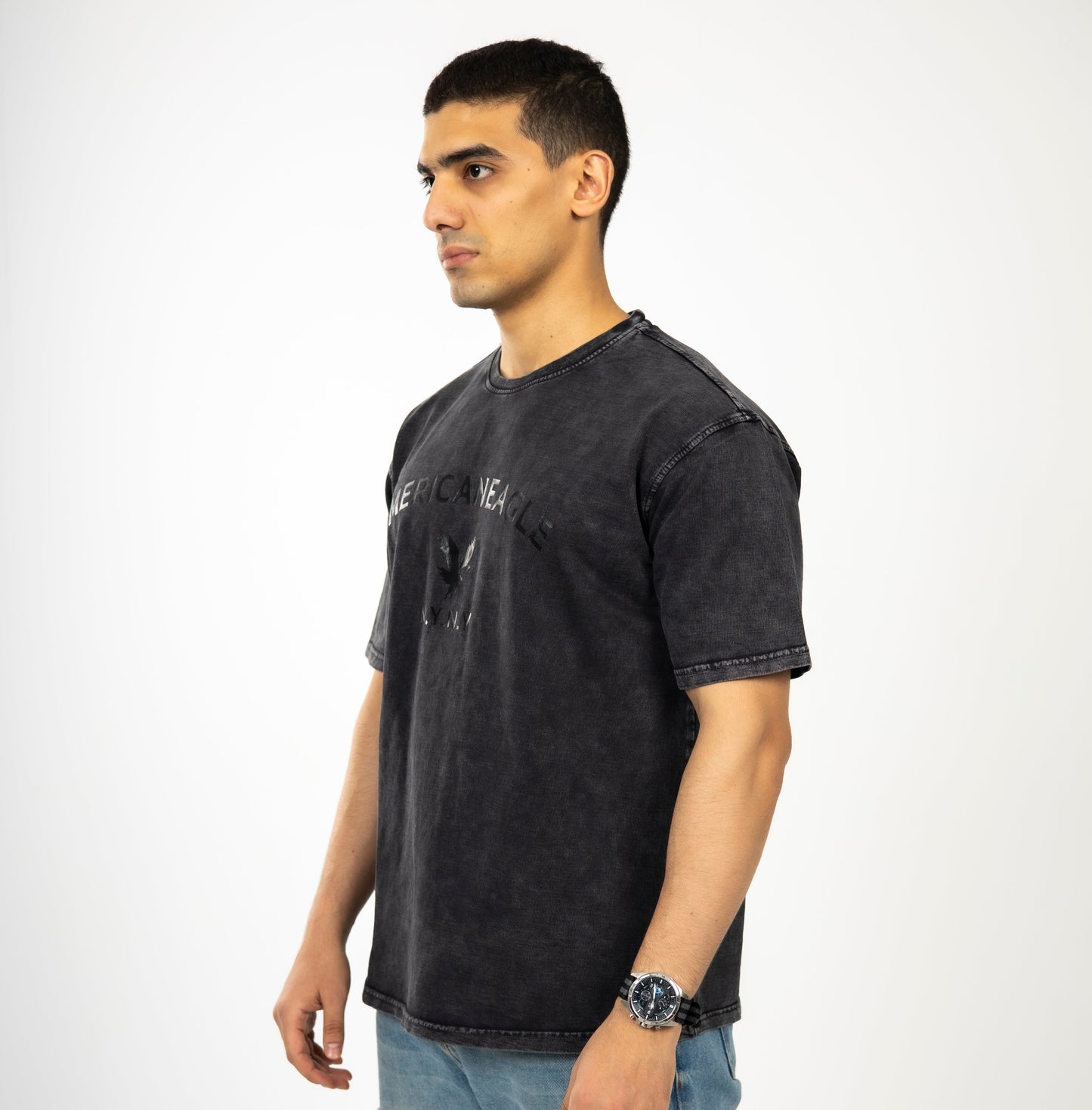 Loose Black Printed Acid-Washed Tshirt
