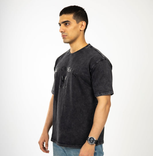 Loose Black Printed Acid-Washed Tshirt