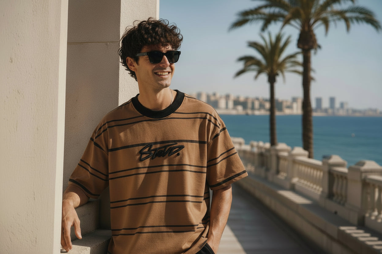 Loose oversized brown striped foam Printed T-shirt