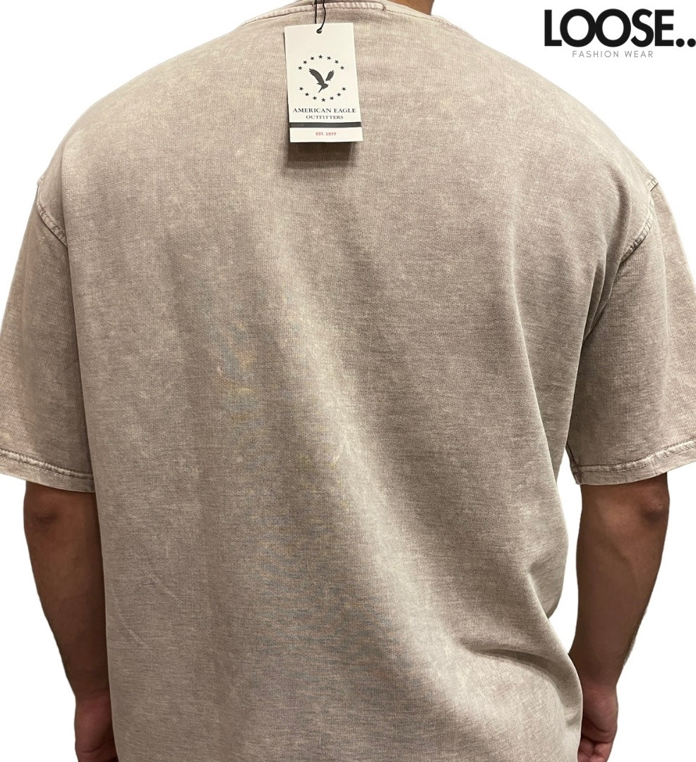 Loose Ligh baige Acid-Washed printed Tshirt