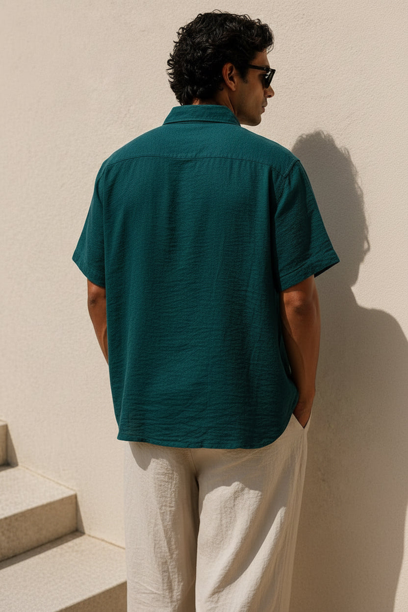 Loose Oversized Petroleum Linen Crinkle Shirt