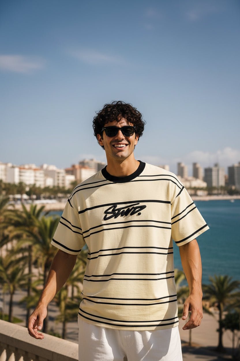 Loose oversized Baige striped foam Printed T-shirt