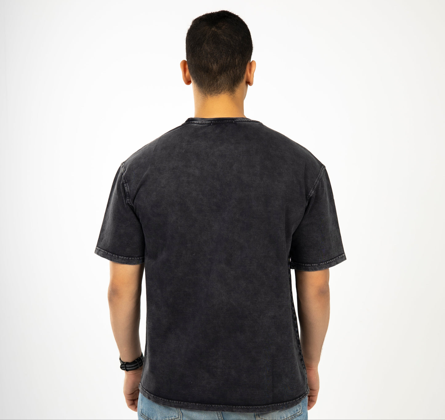 Loose Black Printed Acid-Washed Tshirt