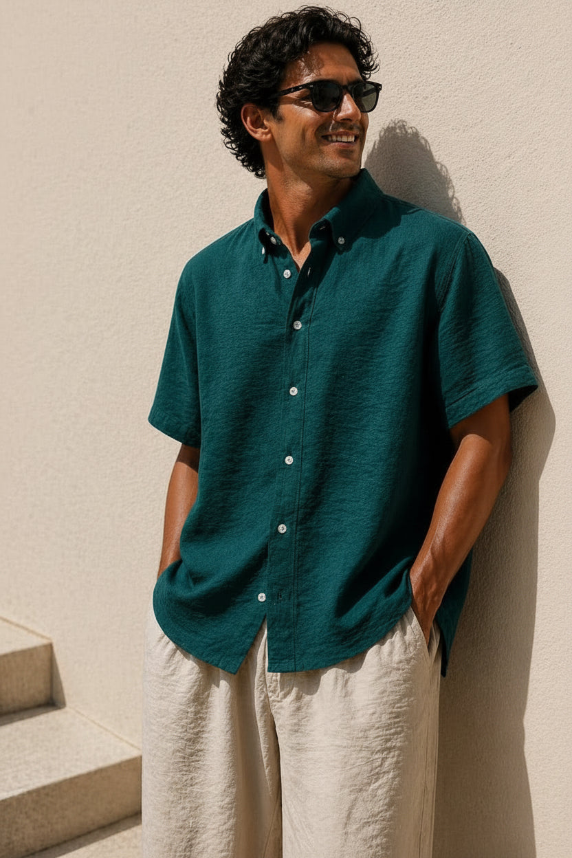 Loose Oversized Petroleum Linen Crinkle Shirt