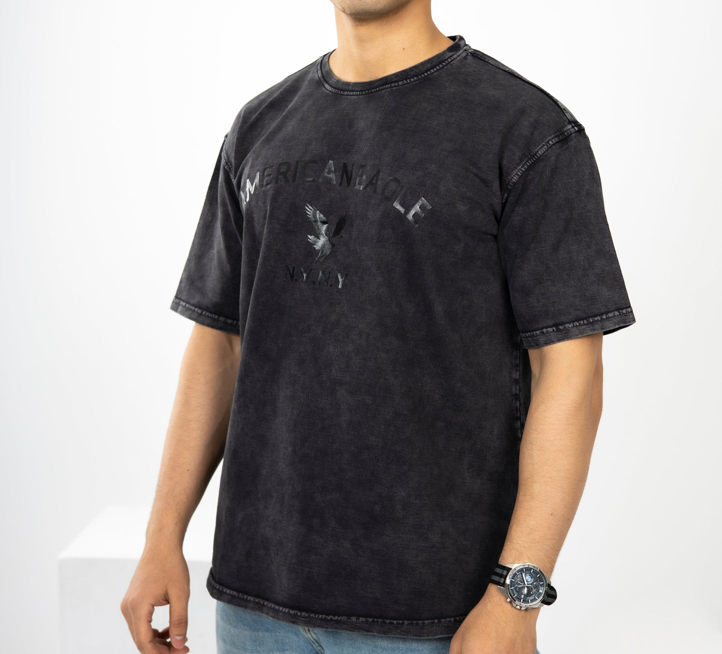 Loose Black Printed Acid-Washed Tshirt