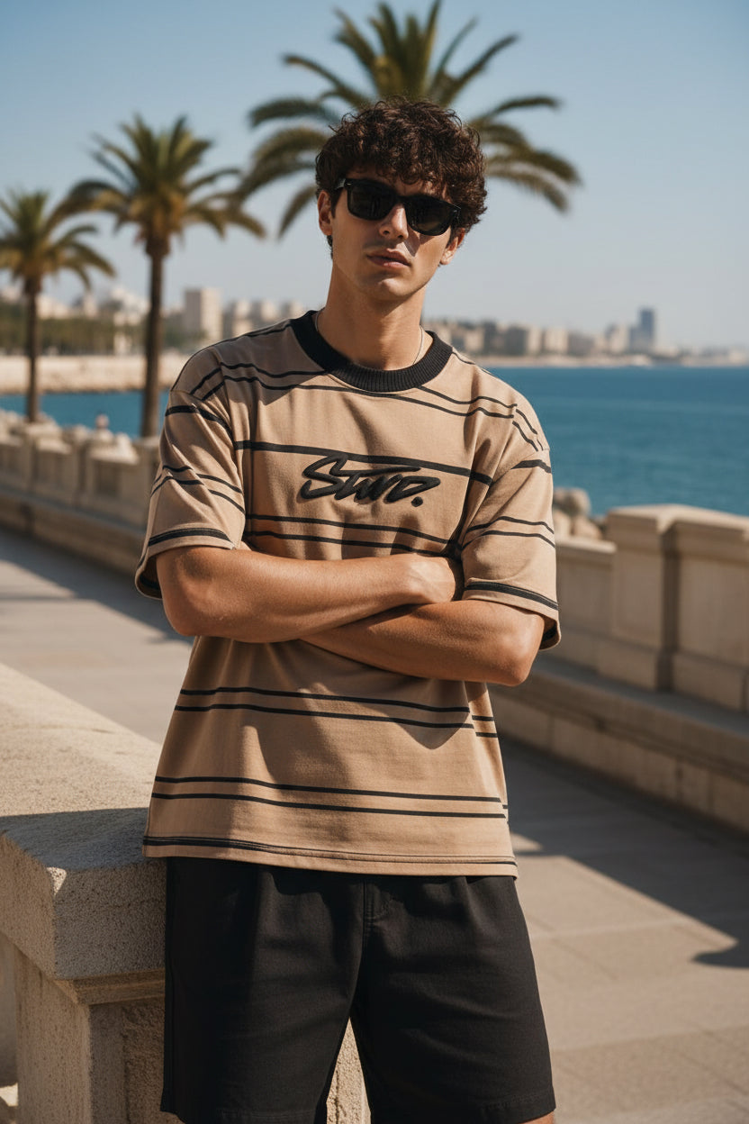 Loose oversized brown striped foam Printed T-shirt