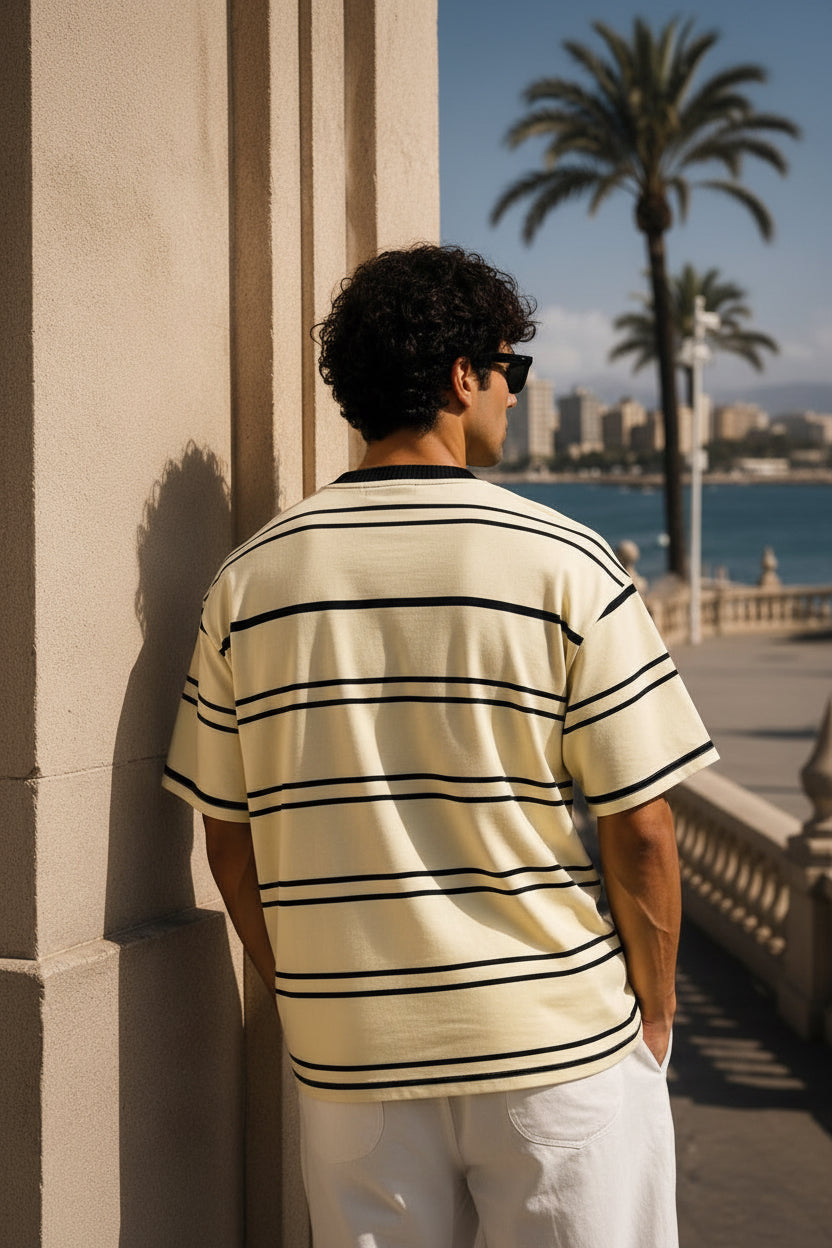 Loose oversized Baige striped foam Printed T-shirt