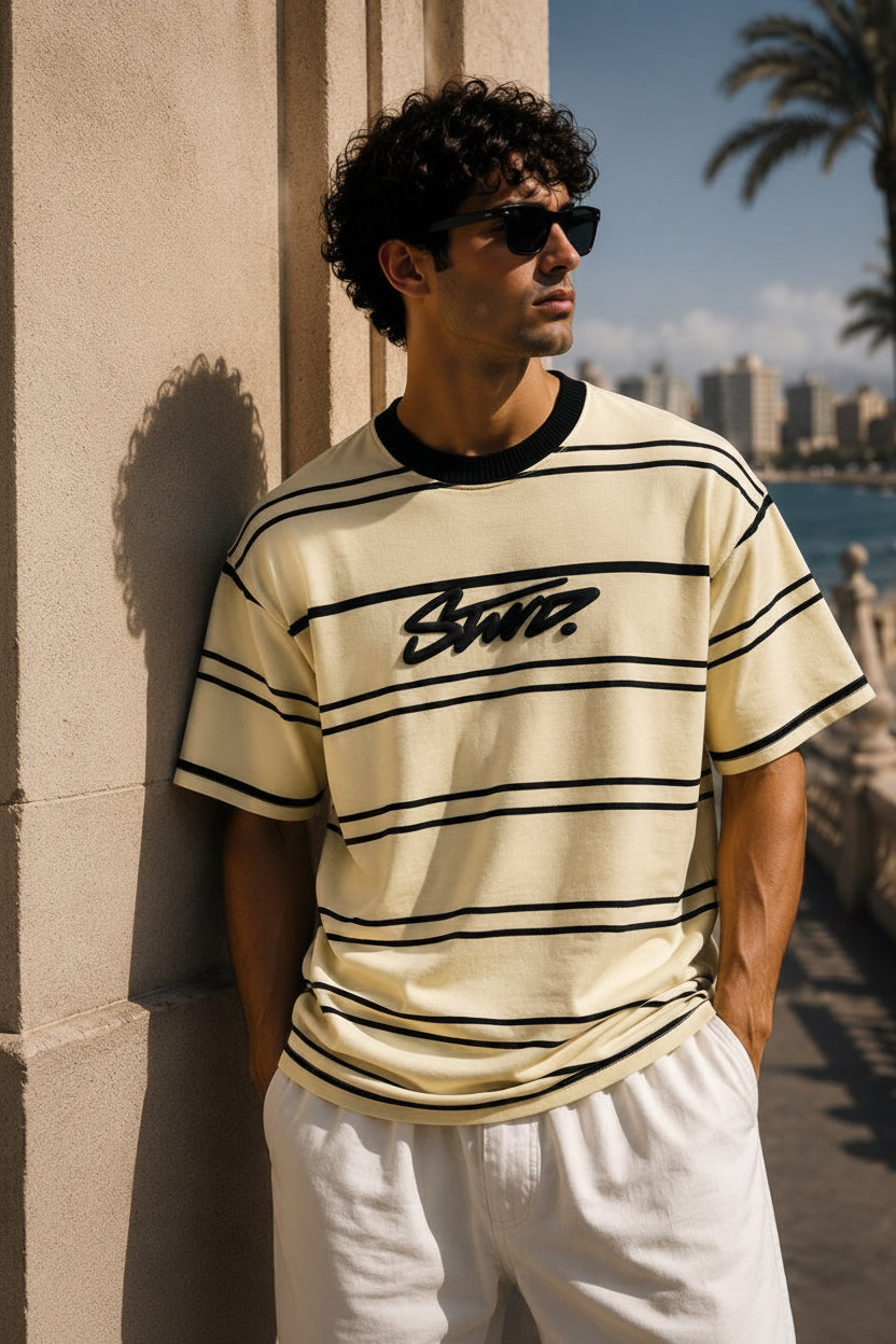 Loose oversized Baige striped foam Printed T-shirt
