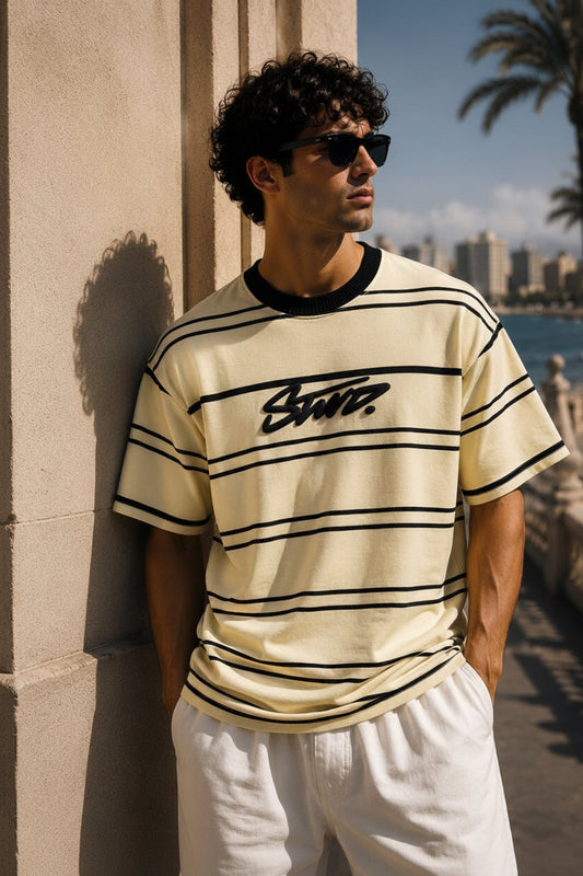 Loose oversized Baige striped foam Printed T-shirt