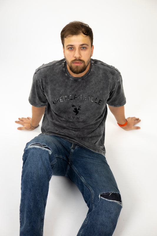 Loose Grey Printed Acid-Washed Tshirt