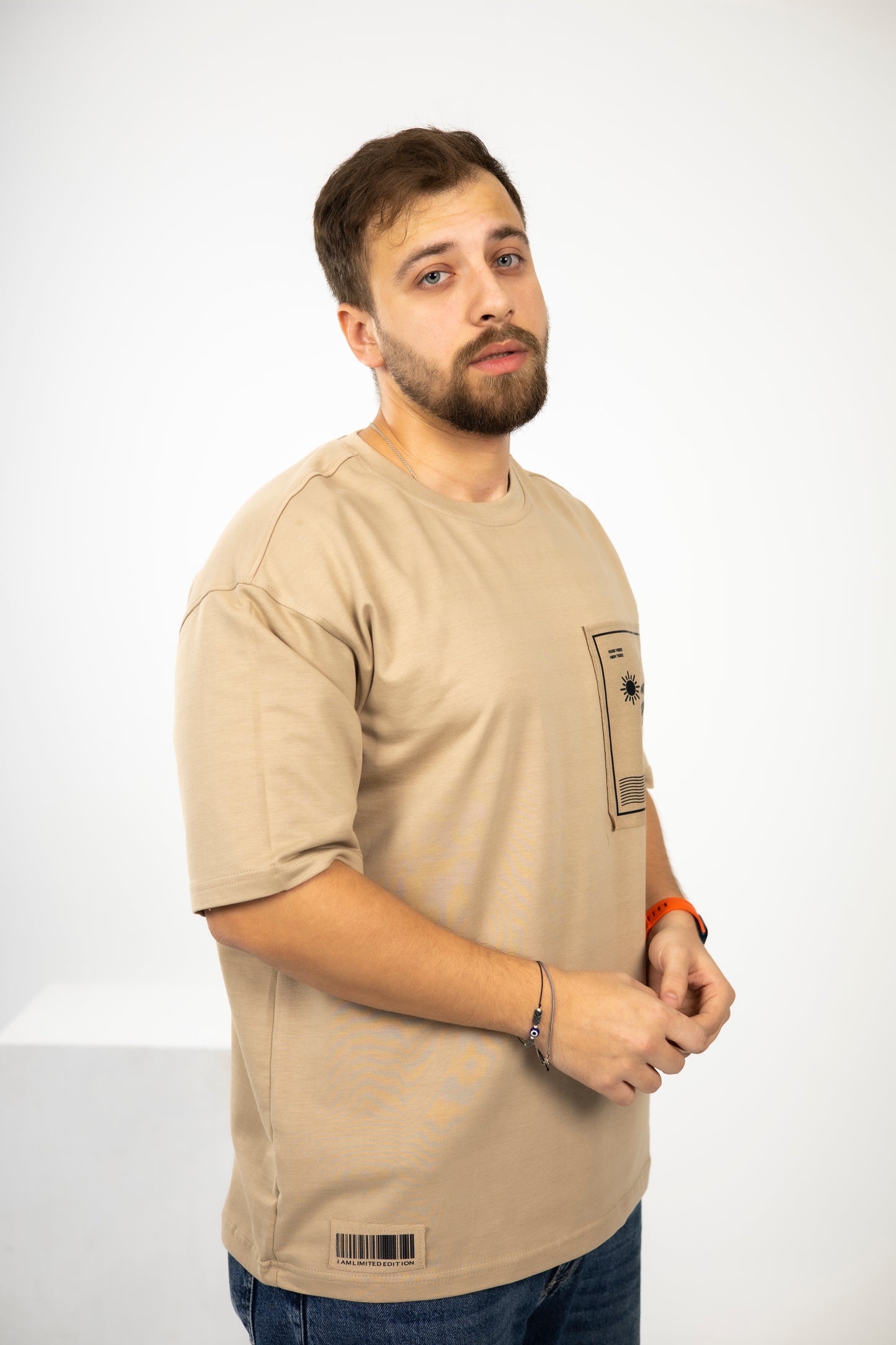 Loose Baige Printed Pocket Tshirt