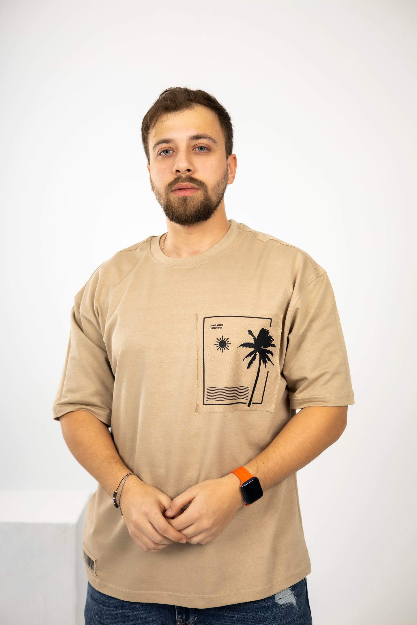 Loose Baige Printed Pocket Tshirt