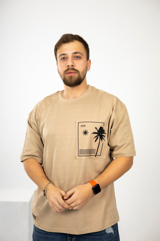Loose Baige Printed Pocket Tshirt