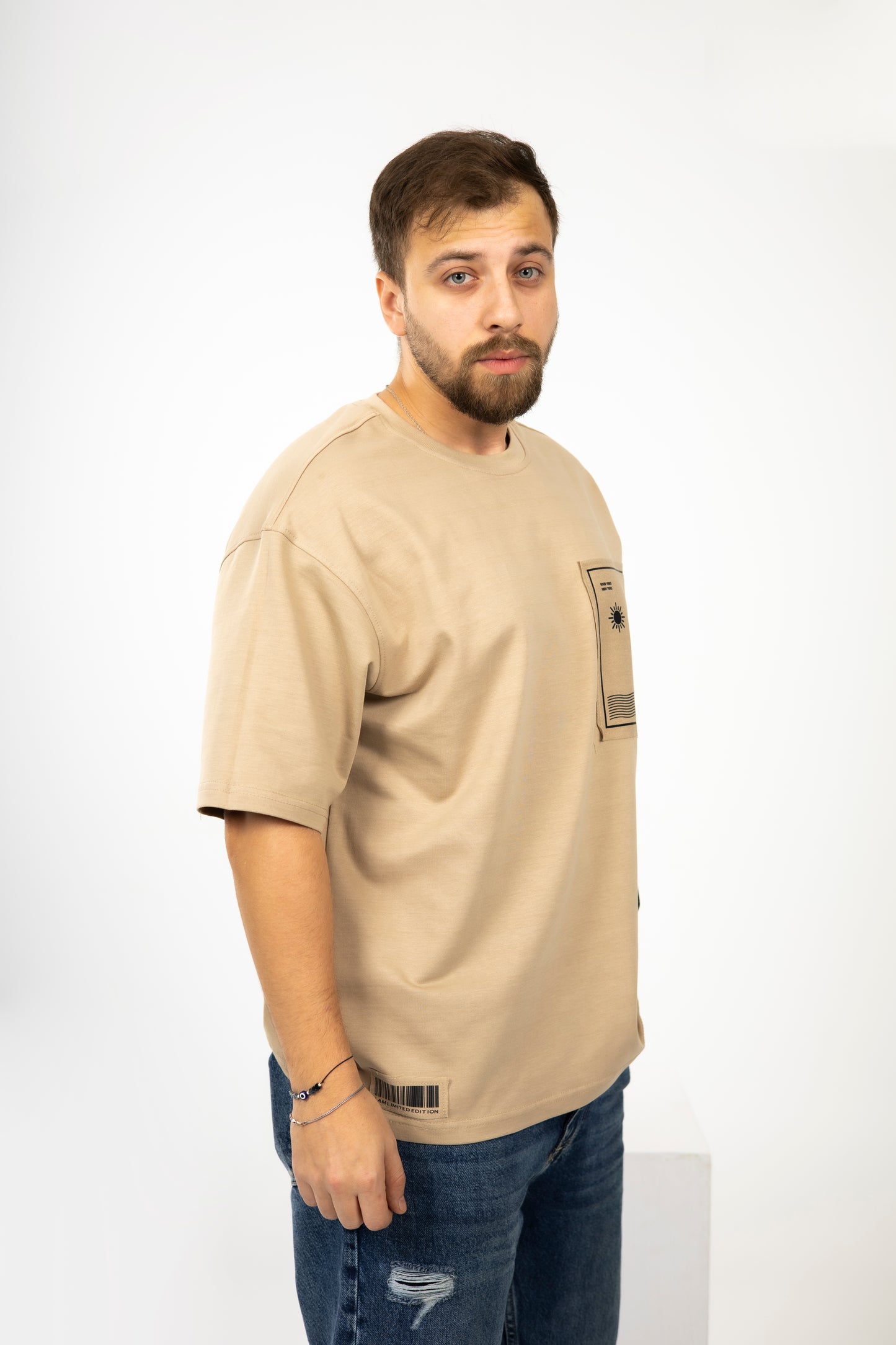 Loose Baige Printed Pocket Tshirt