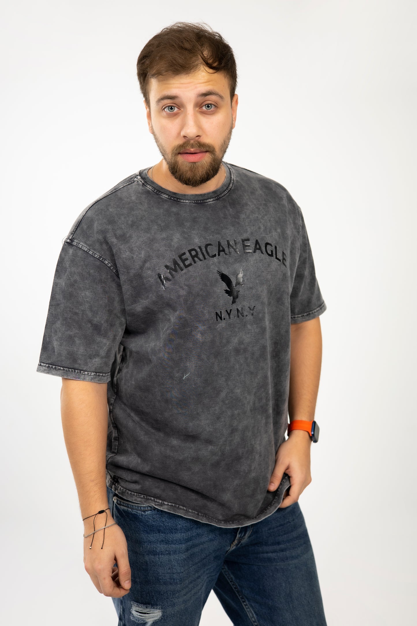 Loose Grey Printed Acid-Washed Tshirt