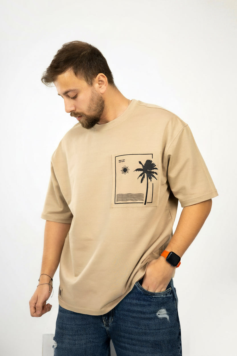 Loose Baige Printed Pocket Tshirt