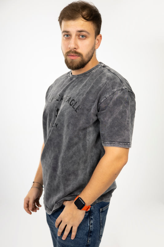 Loose Grey Printed Acid-Washed Tshirt