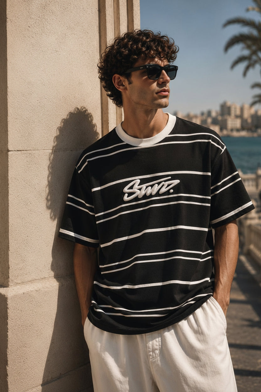 Loose Black striped foam Printed T-shirt